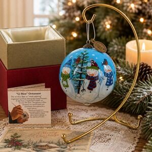 2014 Pier 1 Tier 1 Li Bien 3 Snowmen Glass Ornament w/ Box